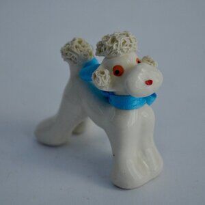 Vintage Small White Spaghetti Poodle Blue Ribbon Bow